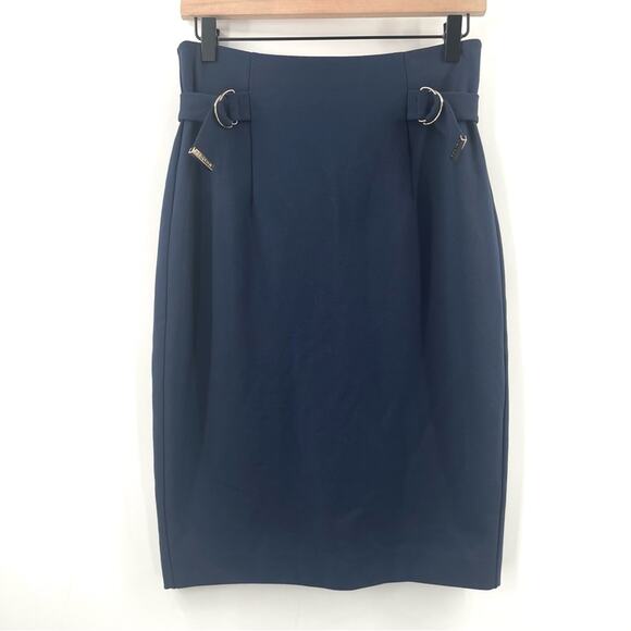 OROTON Skirt Size US 6 Blue Double Belted Luxury Designer Australia Office Work - Picture 1 of 13